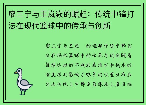 廖三宁与王岚嵚的崛起：传统中锋打法在现代篮球中的传承与创新